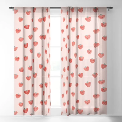 Emanuela Carratoni Strawberries On Pink Single Panel Sheer Window Curtain - Deny Designs