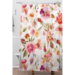 Utart Hygge Watercolor Midsummer Dogroses Pattern Shower Curtain Pink - Deny Designs