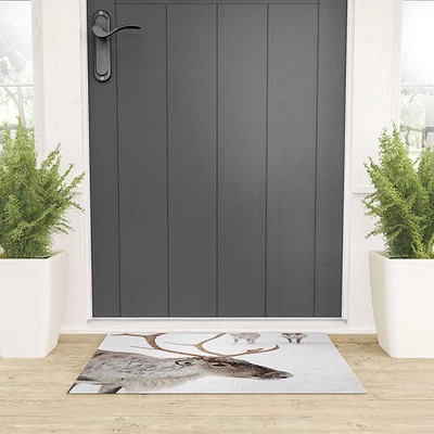Henrike Schenk Travel Photography Reindeer With Antlers Art Print Tromso Norway Animal Snow Photo Welcome Mat - Society6