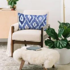 Natalie Baca Painterly Ikat In Indigo Lumbar Throw Pillow Blue - Deny Designs